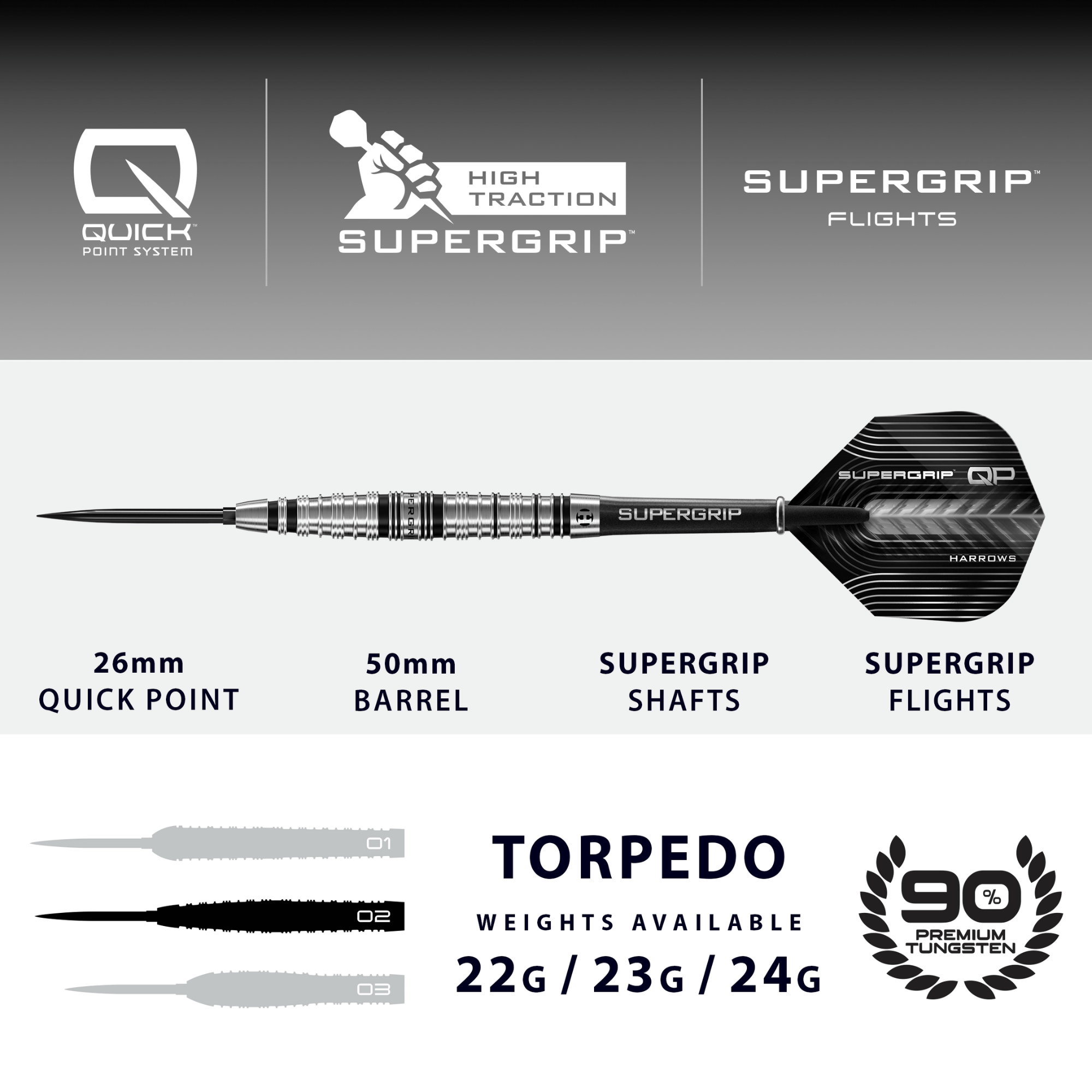 Harrows Supergrip Torpedo Quick Point Steeldarts Maße