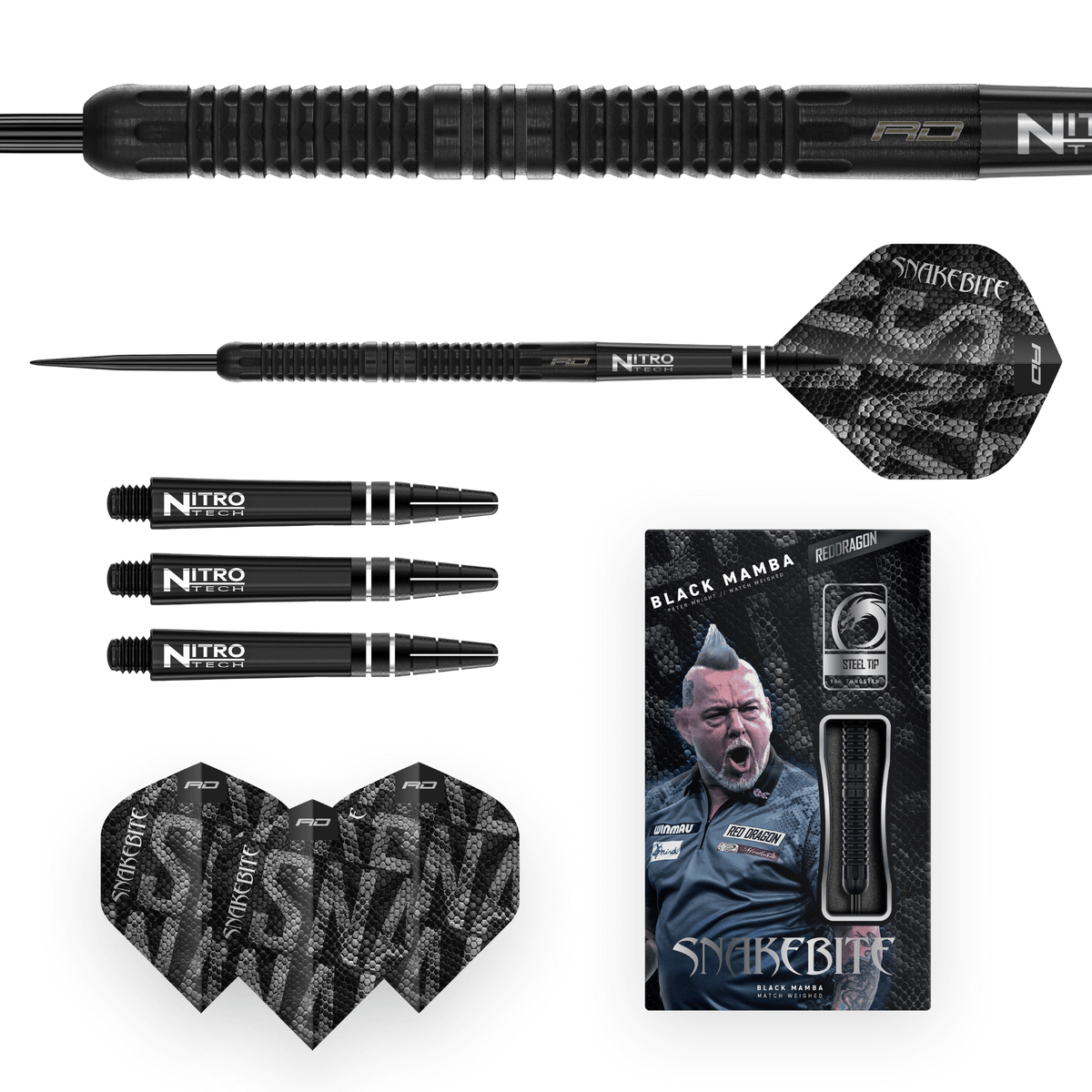 Red Dragon Peter Wright Black Mamba Steeldarts Packungsinhalt