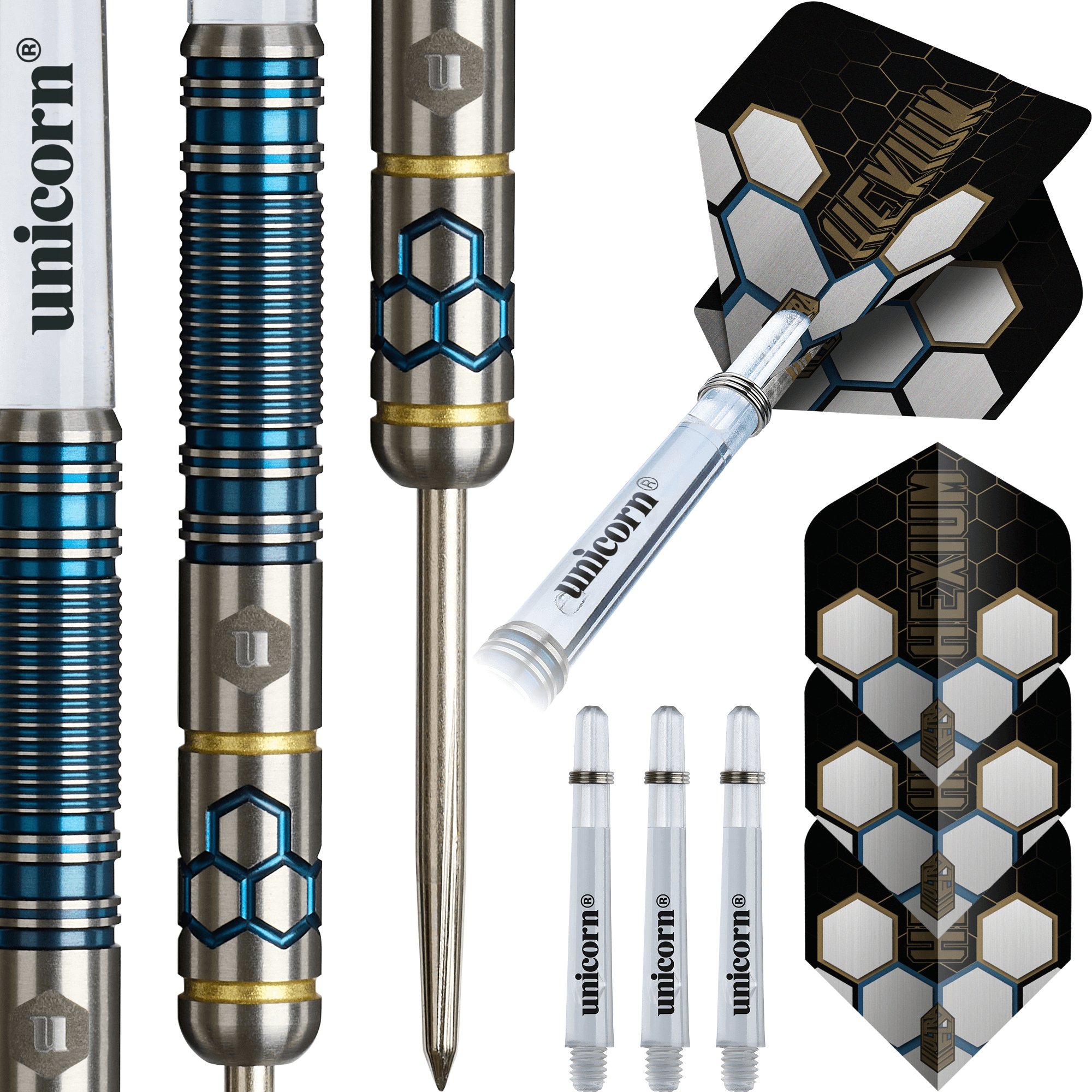 Unicorn Hexium 2 Blue & Gold Steeldarts Packungsinhalt