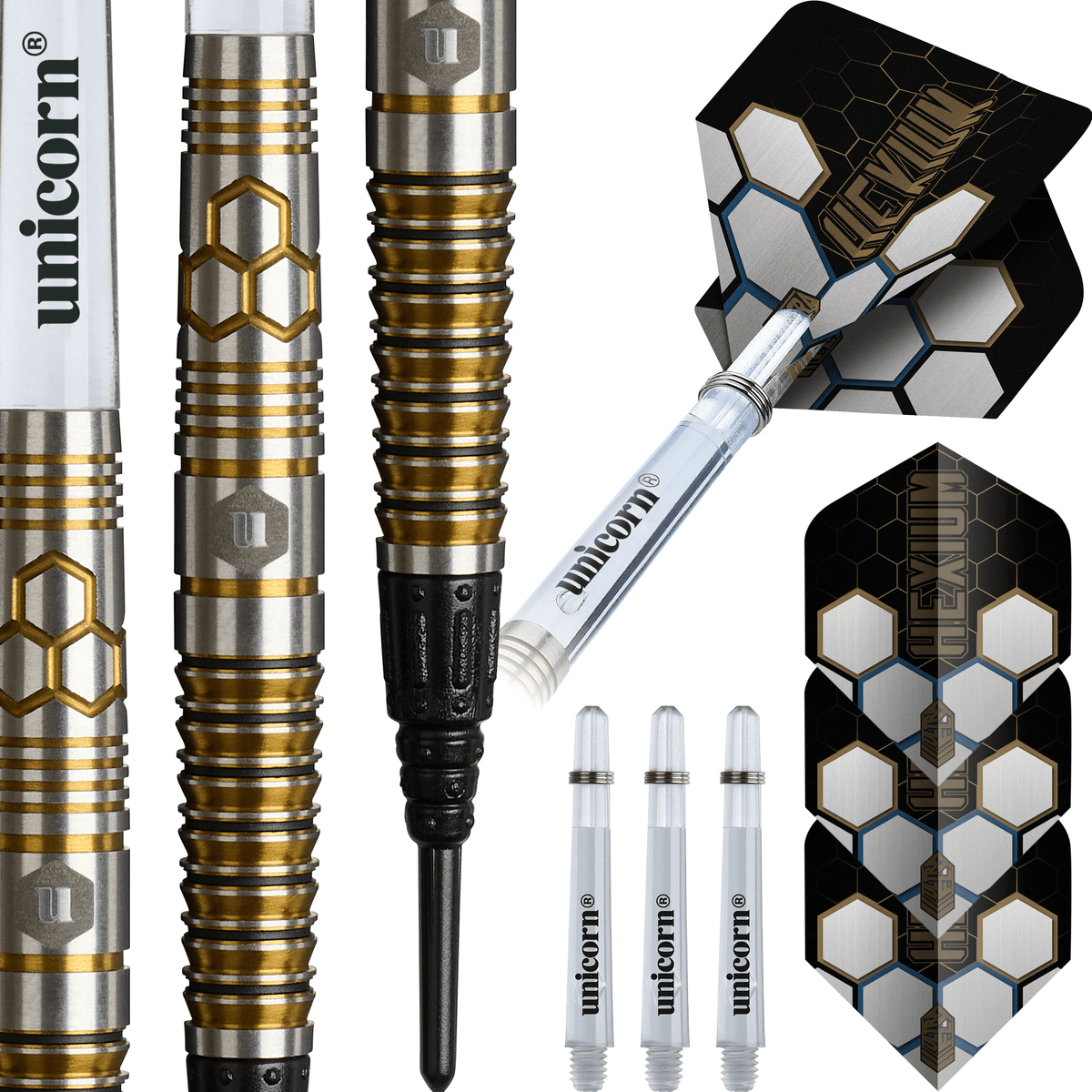Unicorn Hexium 3 Gold & Black Softdarts Packunginhalt